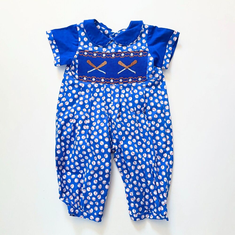 Vintage Handmade Baseball Romper Baby Toddler Smocked Bats Balls Blue 12-18M
